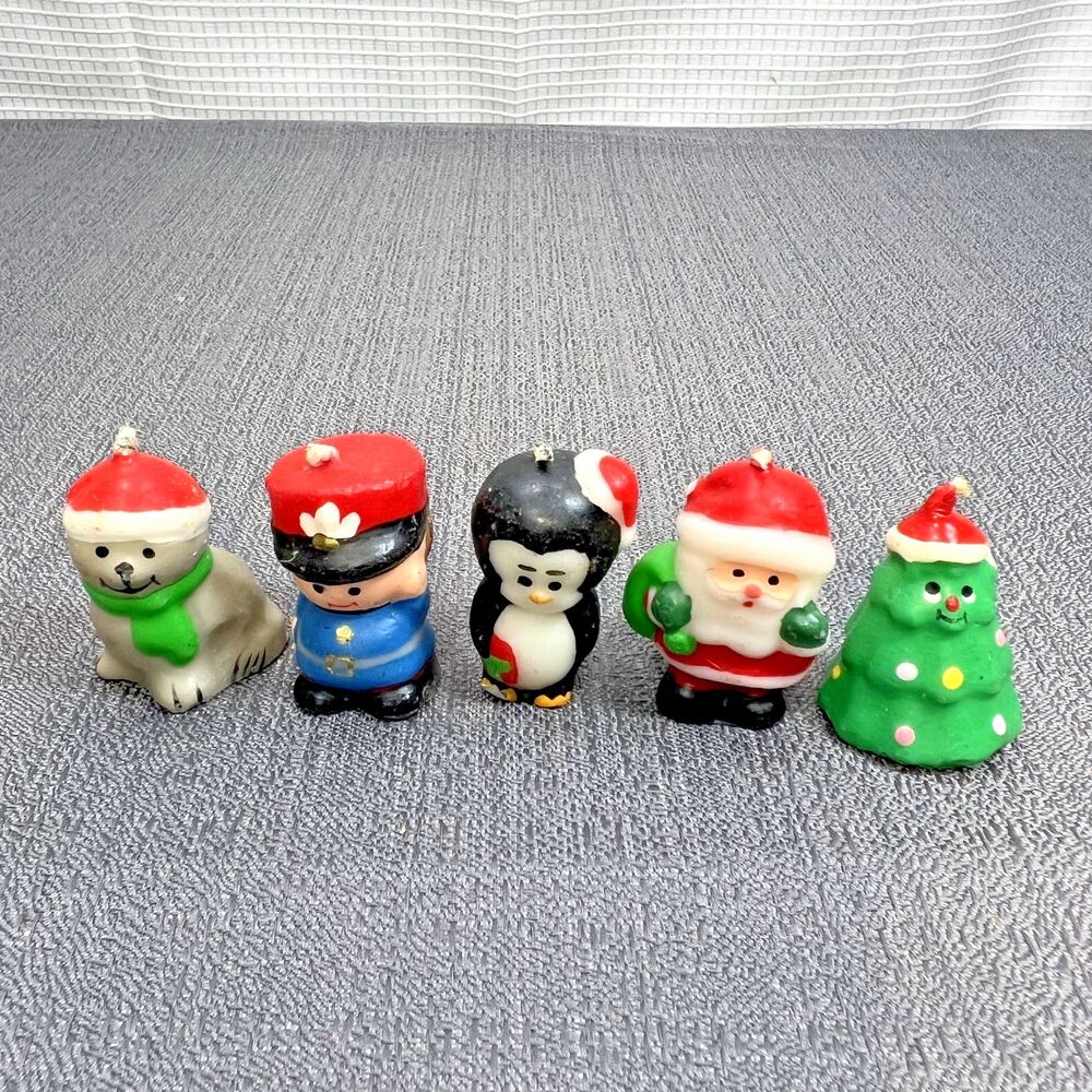 5 Tiny Treasures Miniature Christmas Candles Santa Penguin Soldier Tree Seal